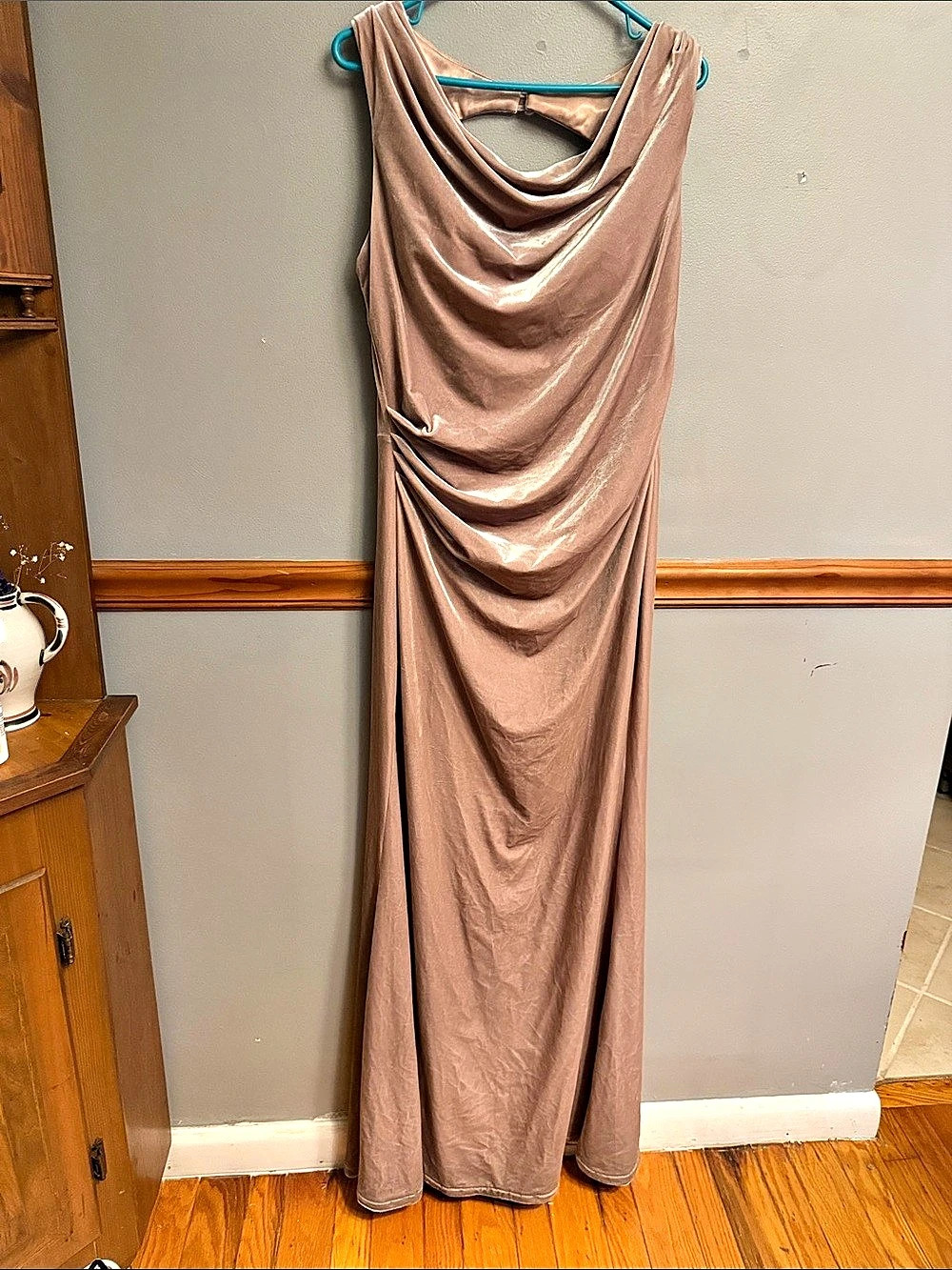 Revelry Champagne Gold Velvet Cowl Neck Maxi Gown 16